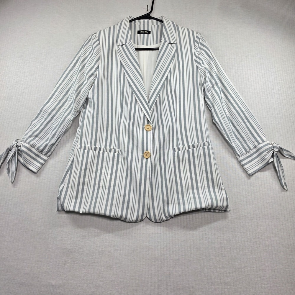 Miss Me Gray Striped Cotton Tie Cuff Blazer Jacket Size S Coastal Prep Nautical